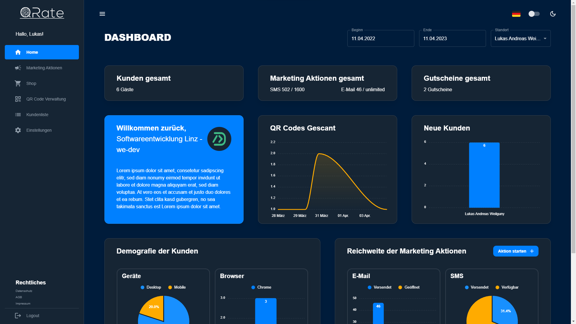 Darkmode: Dashboard für Kunden bei Bewertungsplattform